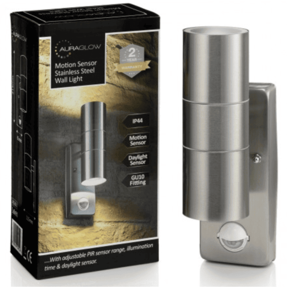 Auraglow PIR Motion Sensor Up & Down Outdoor Wall Security Light - WARMINSTER - Stainless Steel