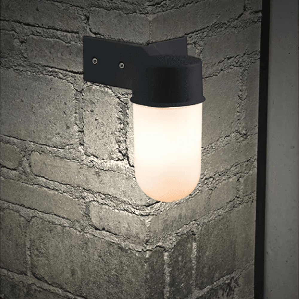 Lightweight outdoor wall light white glass, black polycarbonate IP44, E27